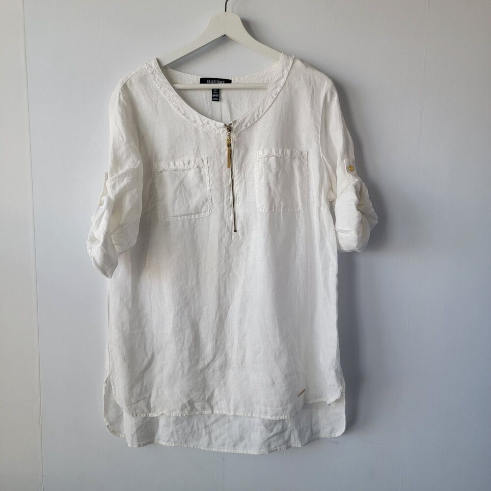 ellen tracy womens shirt size L 100% linen roll-tab sleeve popover